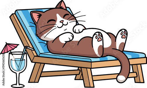 PrintCute Cartoon Cat Relaxing on Beach Chair Vector Illustration with Cocktail Summer Vacation Pet Character