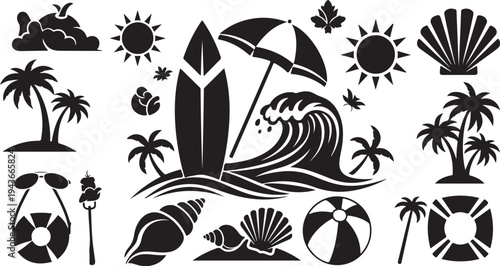 Black and white beach icons and symbols illustration set