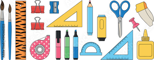 School and Office Supplies Vector Set with Scissors, Rulers, Paint Brushes, Markers, Glue and Stationery Tools