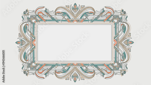 Ornate rectangular frame with teal, orange and gray floral patterns on a white background, showcasing decorative border design.