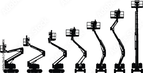 Articulated boom lift progression, cherry picker stages, aerial work platform height sequence, construction equipment silhouettes, workers elevated access machines isolated industrial vector style 