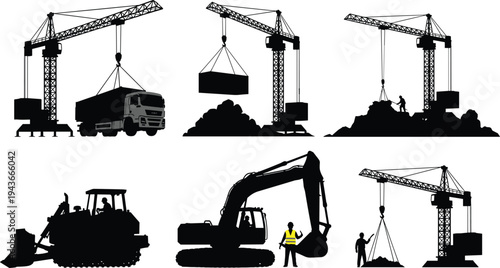 Construction crane and heavy machinery silhouettes set, tower crane lifting cargo, excavator bulldozer truck workers at building site industrial equipment vector illustration