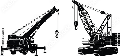 Construction crane silhouette set, mobile truck crane crawler crane heavy lifting equipment industrial machinery engineering vehicle vector illustration isolated