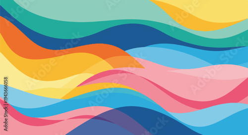 Colorful, layered, abstract, wavy shapes in various hues creating a visual