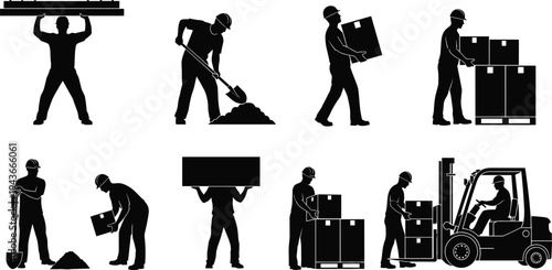 Construction worker silhouette set, manual labor loading lifting digging warehouse forklift operator industrial worker vector illustration isolated collection