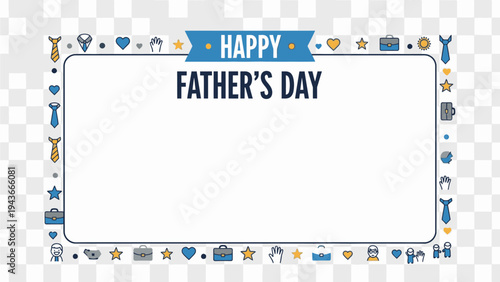 A colorful Father's Day greeting card template with various icons on a transparent background.