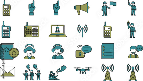 Military communication and command icons set, army radio devices drone signal tower soldiers megaphone headset operators defense technology vector illustration collection