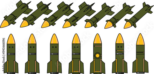 Military missile and rocket set, cartoon guided missile variations, army ammunition weapons collection, defense artillery rockets isolated, war weapon system vector illustration pack