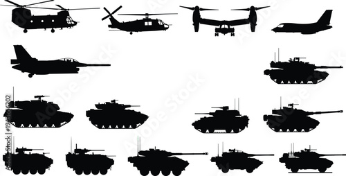 Military vehicles silhouette set, helicopters fighter jets tanks armored vehicles collection, army combat transport equipment icons, modern battlefield weapon systems vector illustration