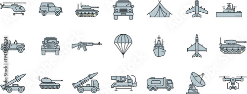 Military transport and weapon equipment icons set, army vehicles helicopter tank missile radar drone parachute ship aircraft line vector illustration collection