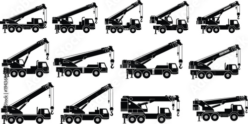 Mobile truck crane silhouette set, construction lifting vehicles heavy equipment industrial machinery hydraulic boom crane vector illustration isolated collection
