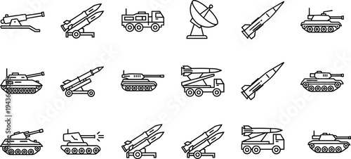 Military weapons line icon set, tank missile rocket launcher radar artillery defense army combat vehicles warfare technology outline vector illustration collection