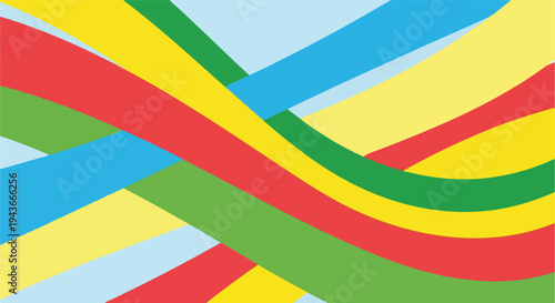 Colorful ribbons of various hues weave and overlay a light blue background