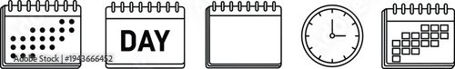 Calendar and clock line icon set for appointment scheduling, time management, and date planning services.