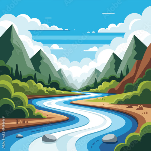 Colorful vector illustration of a river winding through a valley with mountains