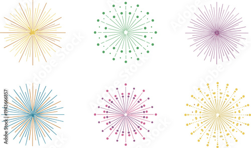 Colorful fireworks burst and firecracker explosion vector set for festive celebration and holiday events.