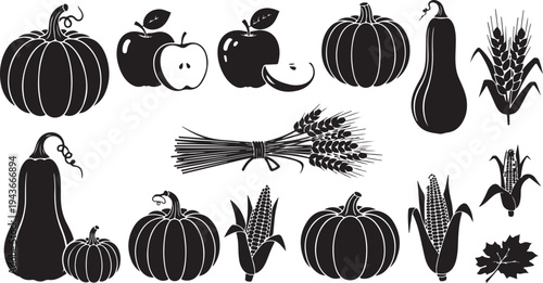 Black and white illustration of autumn harvest vegetables and fruits