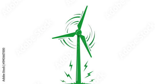Green wind turbine generating clean energy with lightning bolt symbols