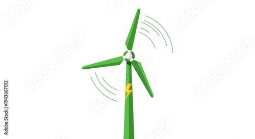 Green wind turbine with lightning bolt icon on white background, clean energy concept