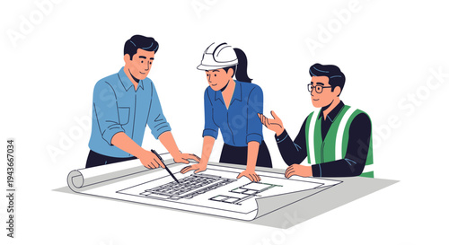 Team of architects collaborating on building plans.