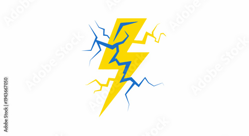 Bright yellow lightning bolt with blue cracks on white background, power symbol