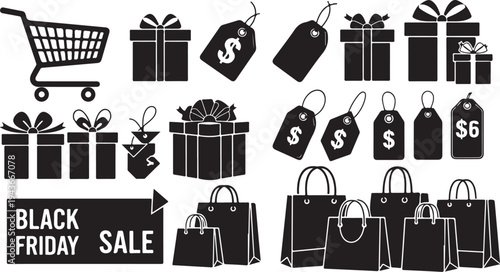 Black Friday sale shopping icons and gifts in black