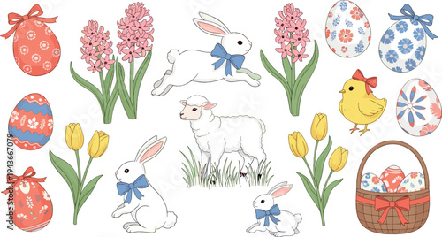 Cute Easter Bunny and Spring Flowers Vector Set with Lamb, Chick, Decorative Eggs and Basket Holiday Illustration