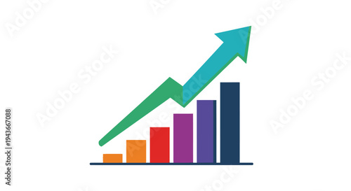 Business growth chart with upward arrow and colorful bars on white background
