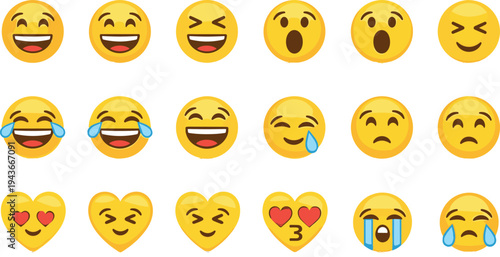 Emoji icon set, yellow smiley faces, emoticons, happy, sad, laughing, heart eyes, crying, surprised, digital communication, social media, vector illustration.