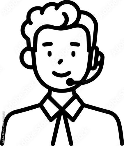 Hand Drawn Male Customer Service Agent Black and White Avatar Illustration in Minimal Line Art Style Design