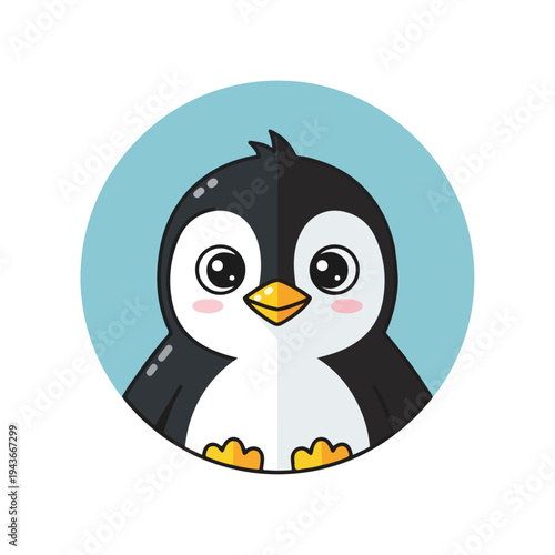 Cute cartoon penguin with big eyes, in a blue circle on a white background