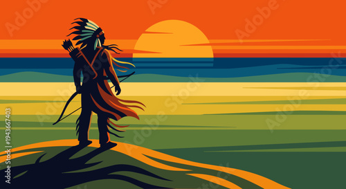 Native American Warrior Watching the Horizon

Flat vector illustration of a Native American warrior standing on a hilltop looking toward the horizon. Bow on back, wind moving clothing and feathers. Wi