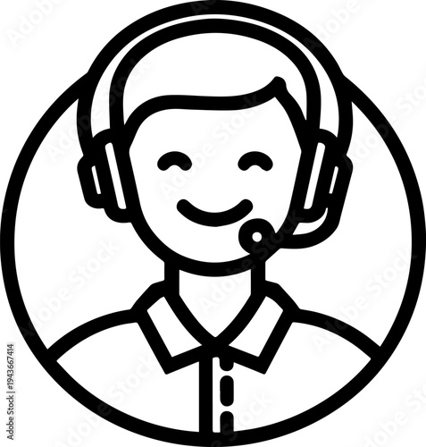 Hand Drawn Male Customer Service Agent Black and White Avatar Illustration in Minimal Line Art Style Design