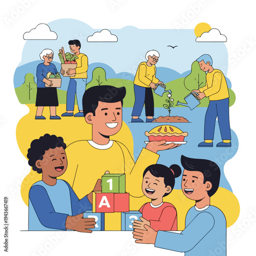 Community illustration depicting various activities, people, and children