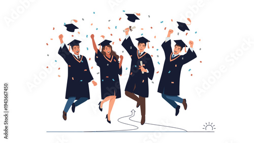 Four graduates jumping in the air with their caps thrown, surrounded by confetti on a white background with a joyful and celebratory mood.