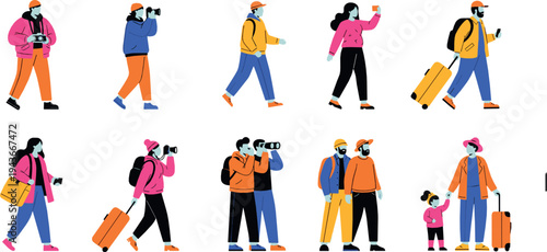 Travelers with Luggage Vector Set People Walking with Suitcases Backpack and Camera Modern Tourism Lifestyle Illustration