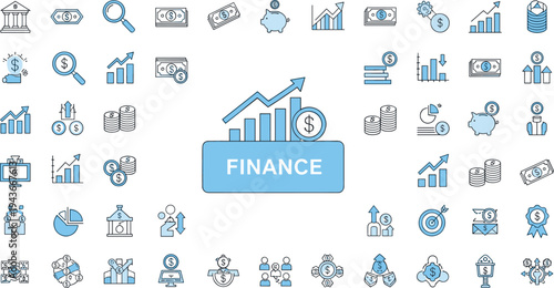 Finance and economy line icon set featuring banking, money growth, stock market analysis, piggy bank savings, investment strategy, and financial planning.