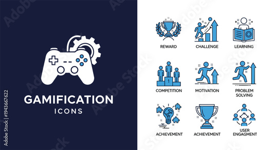 Gamification icon set for business motivation, achievement rewards, and user engagement strategy.
