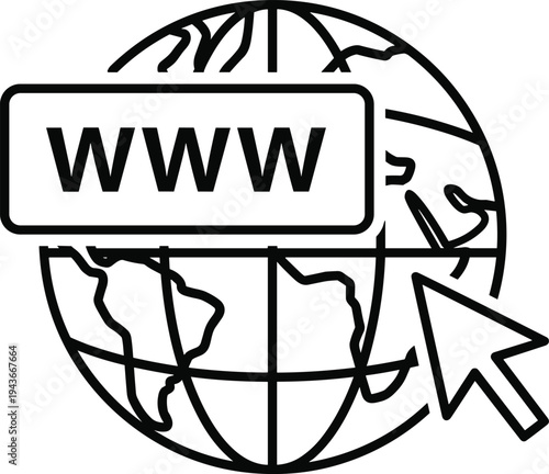 Global web connectivity and digital security icon, featuring world globe, WWW domain address, internet browser, network safety, and online data protection.
