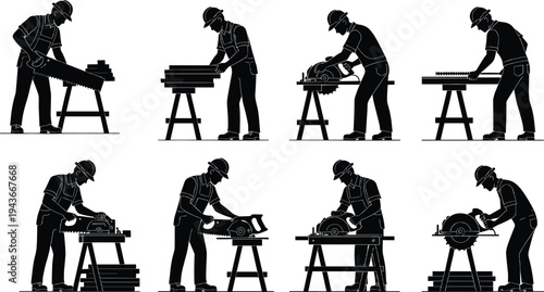Carpenter woodworking silhouettes set with saw cutting wood, craftsman workshop construction worker vector collection