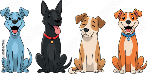 Cute Cartoon Dogs Vector Set with Sitting Puppies Different Dog Breeds Adorable Domestic Pet Characters Illustration