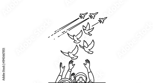 Hands releasing doves with fighter jets flying overhead, symbolizing peace and conflict