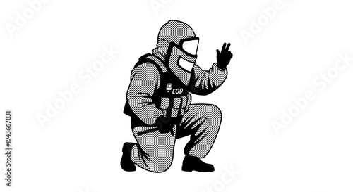 Hazmat Worker Kneeling, Protective Suit, Gas Mask, Ready for Action