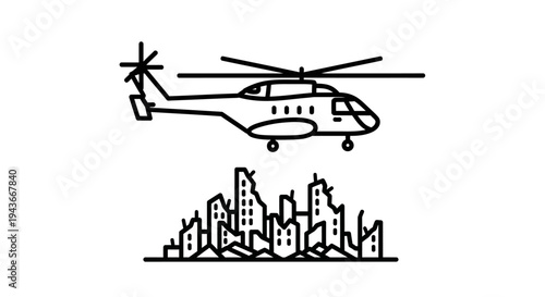 Helicopter flying over destroyed city buildings, symbolizing disaster or rescue