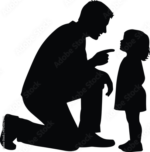 Father talking to child silhouette illustration, parenting guidance communication family relationship concept