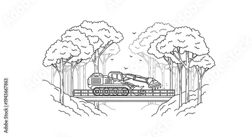 Heavy machinery crossing a bridge in a lush forest, deforestation concept