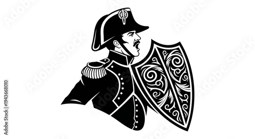 Historical Soldier with Ornate Shield, Military Officer Portrait