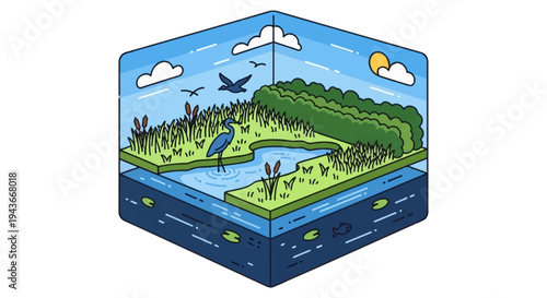 Ecosystem layers with wildlife and vegetation.