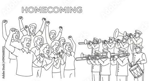Homecoming Parade: Cheering Crowd and Marching Band with Brass Instruments and Drum