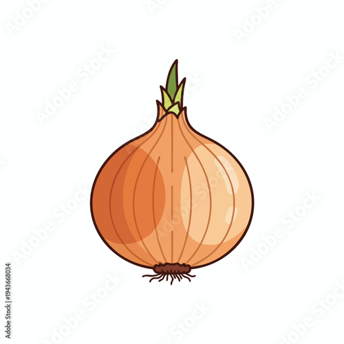 Simple cartoon illustration of a yellow onion with green sprout and roots